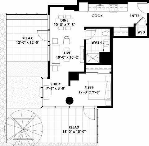 Floor plan for studio, 1 bath, 689 sqft